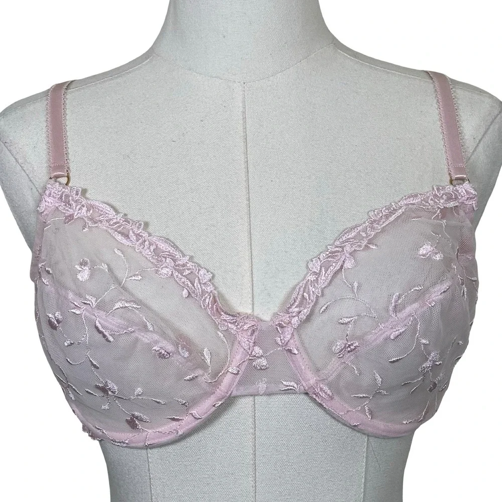 Vintage Secret Treasures Bra 36C Pink Floral Embroidered Sheer‎ Mesh Unlined